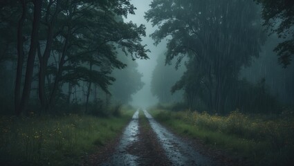 Fototapeta premium Trail in the Woods during a Misty and Rainy Summer Day with Empty Copy Space for Text