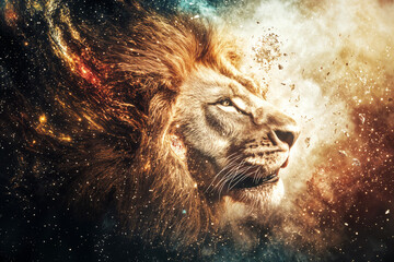 Stunning artistic image of a majestic lion’s head dissolving into shards, fire, and dust, symbolizing strength, transformation, and inner awakening. 