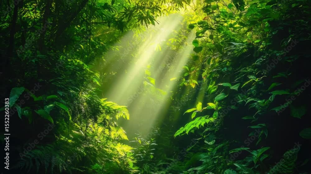 Poster jungle scene with sunlight filtering through tree foliage