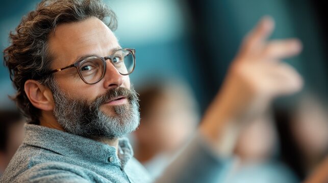 A bearded man in glasses is actively participating in a discussion during a conference, reflecting confidence and engagement in an intellectual setting filled with ideas.