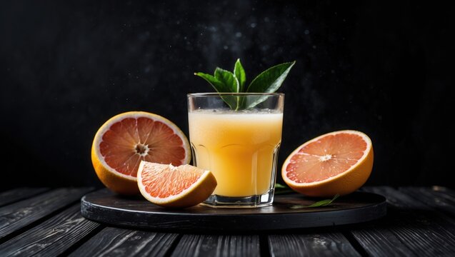 Fresh Citrus Grapefruit Juice In A Glass On A Black Wooden Table With Halved Grapefruit and Text Space