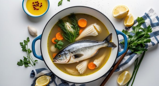 Fisherman Soup Cooked With Boiled Pollock Over White Background. Empty Space For Text
