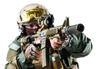 Close-Up of Armed Tactical Soldier Holding a Rifle in Defensive Position