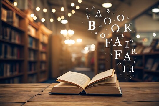 Book fair or reading event poster with open book on a wooden table, floating letters in air, warm library background. - Powered by Adobe