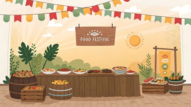 Food festival poster with a rustic food table, banners overhead, space for logo and text, sunny outdoor lighting background 