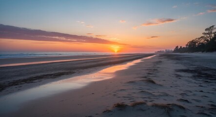 Fototapeta premium Deserted Beach Scene At Sunset with Empty Copy Space for Text