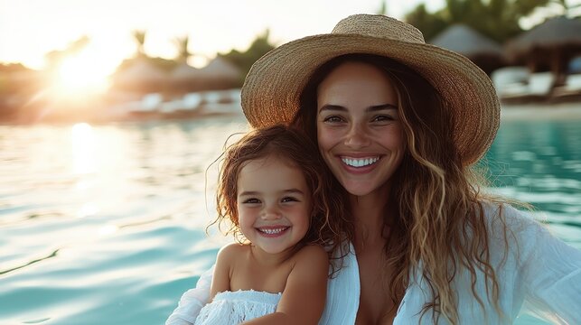 A joyful moment captured of a mother and her daughter smiling brightly together by a tranquil poolside at sunset, displaying warmth, love, and happiness in serene surroundings. - Powered by Adobe
