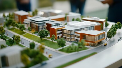 A tabletop model showcases a futuristic technology campus with innovation centers, greenery, and stylish architecture.









