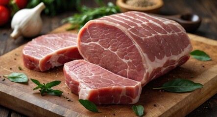 Fototapeta premium Raw Pork On Cutting Board with Empty Copy Space For Text