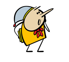 Fairy-tale character, a wooden boy with a long nose and an elegant bow around his neck, holds textbooks and looks attentively. vector illustration of the pinocchio story.