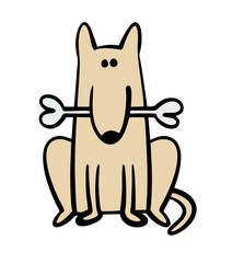 Cute guard dog follows commands, sits and holds a bone in his teeth. Vector illustration of a pet and food.  The friendly animal is wagging its tail, guarding the house.