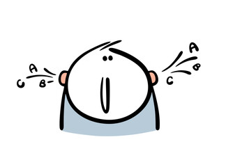 Silly stickman listens, but does not understand the meaning of the words. Vector illustration of a carefree man. Letters fly in and out of one ear.