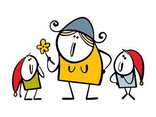 Characters from a fairy tale, Snow White and the dwarfs. Vector illustration of funny little men and a beautiful young girl, friends and flowers.