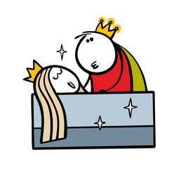 Fairy tale story about sleeping princess and a handsome prince savior. Vector illustration of  stickman in a crown kissing  woman. Cute girl is sleeping  magical dream.