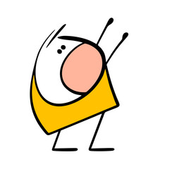 Funny  little stickman suffers, stretches out his arms and asks for a hug. Vector illustration of a child attracts attention. Doodle character screams, calling for help.