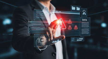 Cybersecurity professional analyzing digital interface with critical alert warnings and data streams for threat detection and risk management