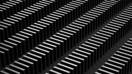 Black background, geometric design style,wallpaper. Light minimal stripes,lines on black background in darkness.3D render