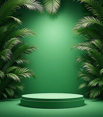 Obraz premium Cylinder Pedestal Display with Leaves – Green Room Product Mockup. 3D vector rendering of a cylinder pedestal podium set against a green room background with soft lighting and decorative leaves.