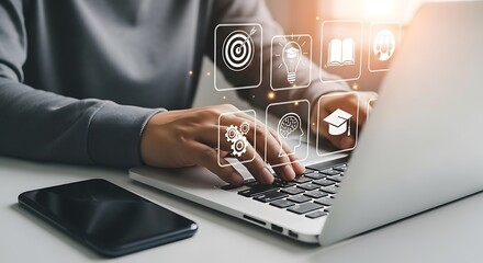 Hands Typing on Laptop with Digital Icons Representing Technology and Education Concepts