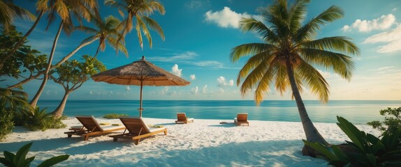 Fototapeta premium Beautiful Tropical Island Scenery with White Sand, Sea View, Horizon, Calm Blue Sky, Relaxation, and Empty Space for Text featuring Sun Beds, Loungers, Umbrella, and Palm Trees