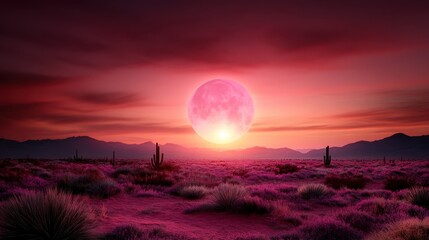 A breathtaking desert scene showcasing a massive pink full moon illuminating the horizon against a backdrop of colorful, vibrant clouds at dusk.