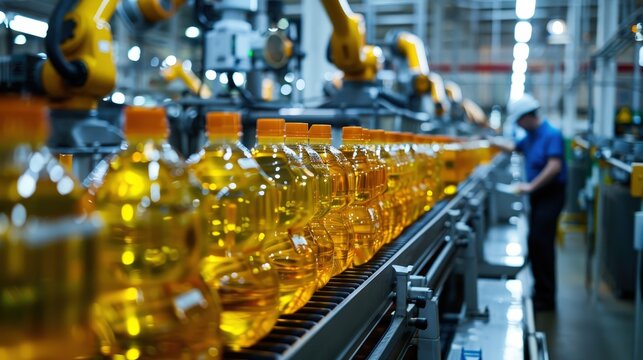 An automated bottling plant shows a conveyor belt with rows of plastic bottles filled with golden oil. In the background, yellow robotic arms and a worker manage the production line