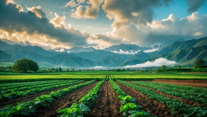 Cultivated agricultural fields with mountain range covered with clouds and empty space for text.