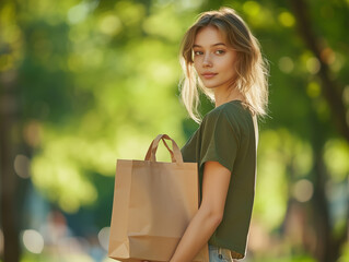 Young Woman Holding Paper Bag in Green Park