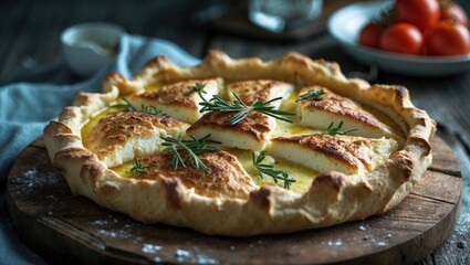 Alevropita is a feta pie with a flour-based batter, presented in a close-up shot on a wooden board on a table.