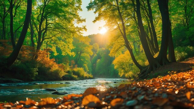 Forest Green sport poplar trees leaves sun hiking background autumn mystic green shine river bulb nature sunlight with empty copy space for text