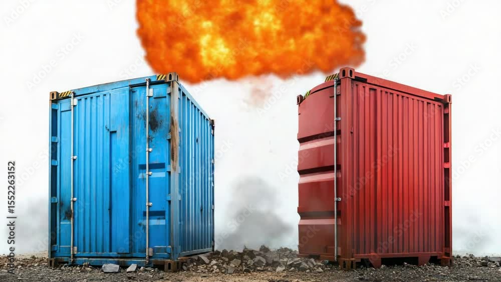 Poster two shipping containers exploding, a dramatic scene
