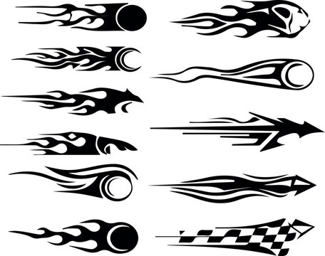 Collection of dynamic black tribal flame and speed racing stripes decals for vehicles and sports equipment