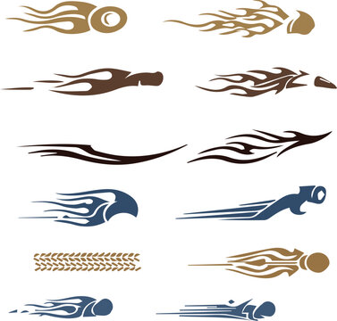 Collection of dynamic flame and tribal style racing stripes and decals for vehicles in brown and blue tones