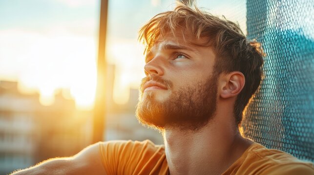 A young man gazes upwards with a thoughtful expression, capturing a moment of reflection as the warm sunset casts a beautiful glow around him, evoking serenity and introspection.