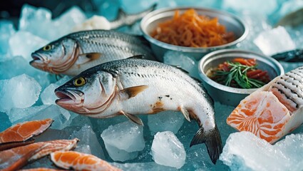 Frozen fish and seafood on ice with bowls of garnishes and salmon fillet.