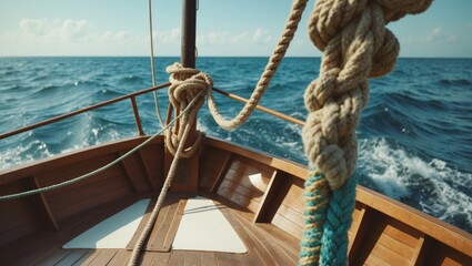 Obraz premium A boat sailing in the ocean with a rope tied to the boat and attached to a pole, with empty space for text on the side.