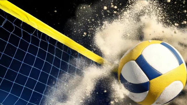 A volleyball is in the air and is about to hit the net. The net is yellow and blue