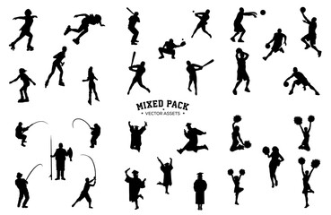 Diverse Athletic Silhouettes Pack: A dynamic compilation of silhouetted figures engaged in a variety of sports and activities, rendered in bold black against a neutral backdrop, capturing motion.