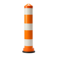 Traffic bollard with orange and white stripes standing on asphalt  