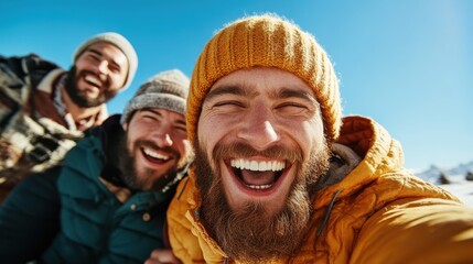 A joyful image capturing three friends laughing and enjoying a beautiful snowy day, showcasing their camaraderie and the beauty of winter recreation.