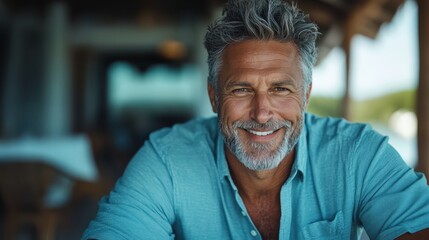Fototapeta premium An engaging older man is smiling warmly at the camera in a relaxed outdoor setting, radiating positivity and wisdom while enjoying a leisurely moment.