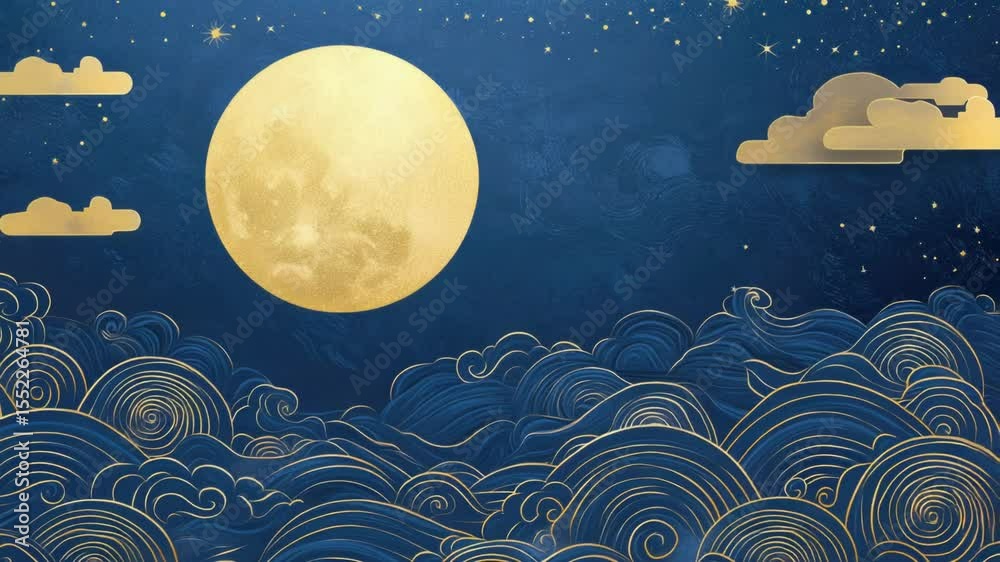 Poster a serene image of a full moon surrounded by clouds