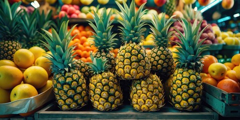 Fototapeta premium Fresh pineapples at a local fresh fruit market.