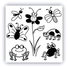 Set of insect illustrations, butterfly, caterpillar, cricket, ant, rhinoceros beetle, stag beetle, ladybug, cockchafer, realistic in 3d style.	