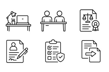 Startup Operations Icons. Line style icons of startup operations: workspace setup, coworking space, legal docs, terms and policies