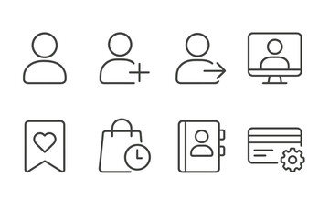User Account Icons. Line style icons of user account in store: user profile, sign up, login, account dashboard, saved items,