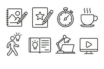 Creative Routine Icons. Line style icons of creative routines: morning sketch, daily prompt, creativity timer, coffee break,