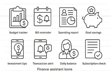 Finance Icons Collection. Line style icons of finance assistants: budget tracker, bill reminder, spending report, goal savings,