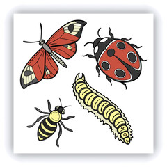 Set of insect illustrations, butterfly, caterpillar, cricket, ant, rhinoceros beetle, stag beetle, ladybug, cockchafer, realistic in 3d style.	
