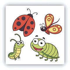 Set of insect illustrations, butterfly, caterpillar, cricket, ant, rhinoceros beetle, stag beetle, ladybug, cockchafer, realistic in 3d style.	